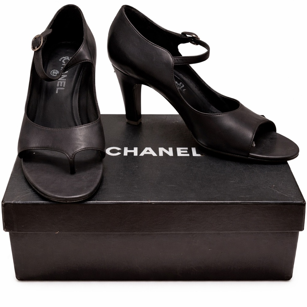 CHANEL Black Leather Mary Jane Open-Toe Heels